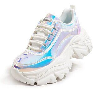 Brand New Women White Hologram Rubber LUCKY STEP Chunky Platform Sneakers